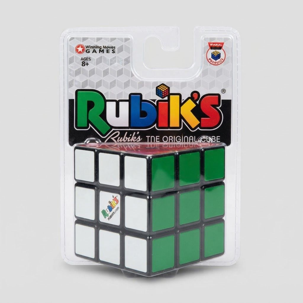 Front view of an official Rubik's Cube 3D puzzle sealed in its original Winning Moves Games blister pack packaging