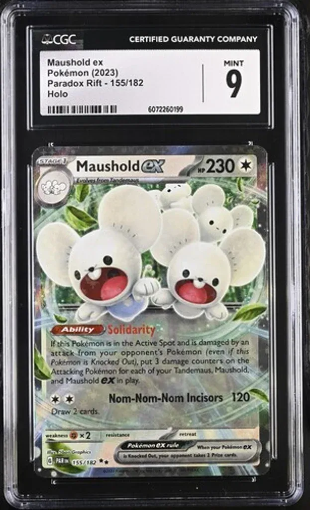 Front view of Pokémon Graded Maushold ex - Pokémon (2023) Paradox Rift - CGC 9 Mint in Mint condition.