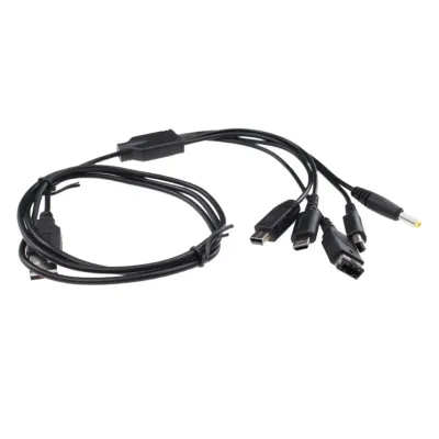 Back view of 5-in-1 USB Charging Cable for Nintendo DS/3DS/GBA SP/PSP - 1.2m for PlayStation Portable, showing the reverse side, printed labels — Brand: Generic, Compatibility: Nintendo DS Lite, Wii U, 3DS, 3DS XL, DSi, DSi XL, GBA SP, PSP.