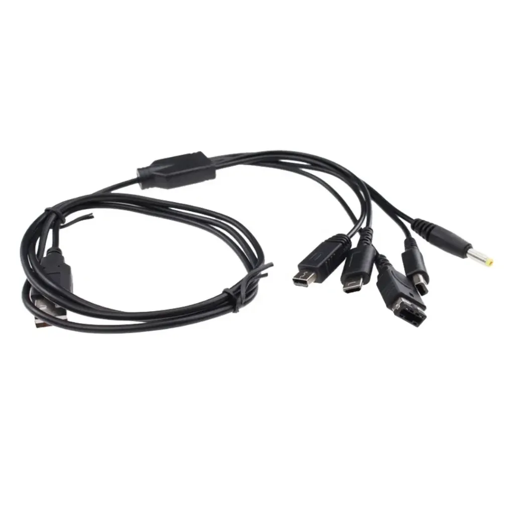 Back view of 5-in-1 USB Charging Cable for Nintendo DS/3DS/GBA SP/PSP - 1.2m for PlayStation Portable, showing the reverse side, printed labels — Brand: Generic, Compatibility: Nintendo DS Lite, Wii U, 3DS, 3DS XL, DSi, DSi XL, GBA SP, PSP.
