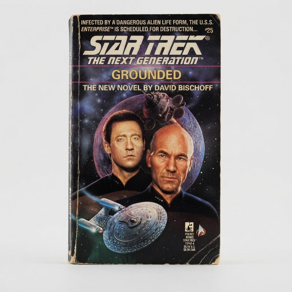 Front cover of the vintage Star Trek: The Next Generation #25 "Grounded" paperback featuring character art and wear