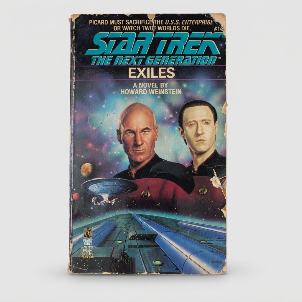 Front cover of the vintage Star Trek: The Next Generation Exiles paperback showing wear along the edges and spine