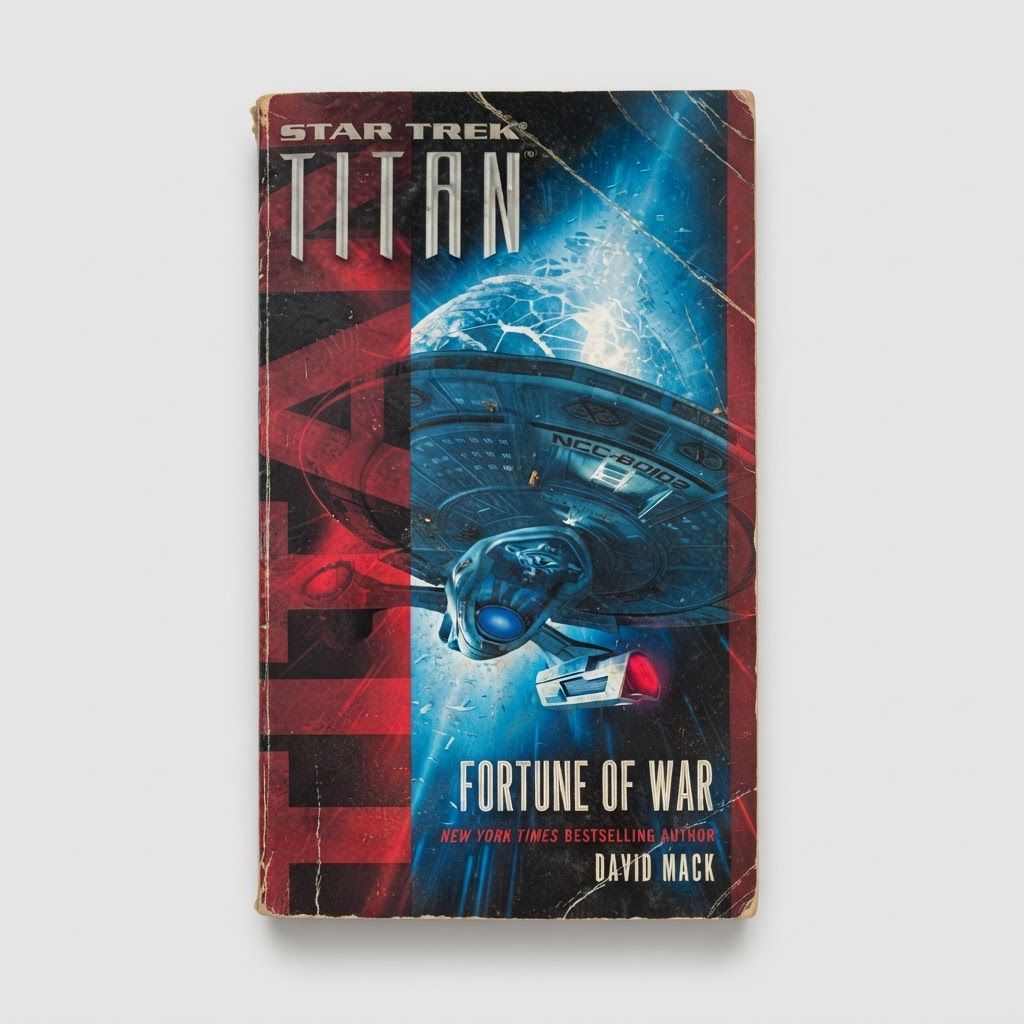 Front cover of the Star Trek: Titan "Fortune of War" paperback featuring a starship illustration with worn edges