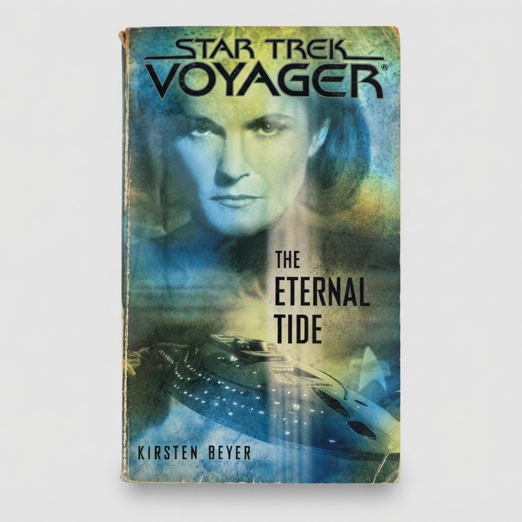 Front cover of the vintage Star Trek: Voyager The Eternal Tide paperback with blue and green atmospheric artwork