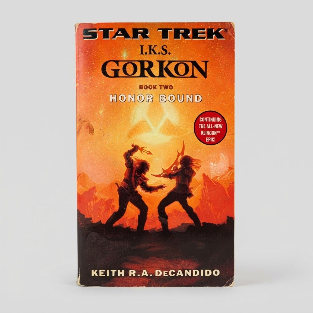 Front cover of the vintage paperback Star Trek: I.K.S. Gorkon "Honor Bound" featuring orange battle scene art