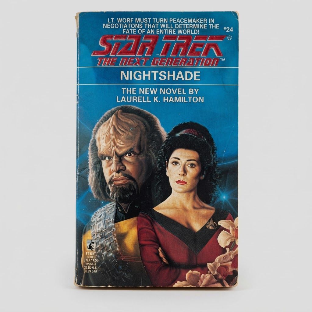 Front cover of the vintage Star Trek: The Next Generation Nightshade paperback featuring Worf and Troi on a blue background