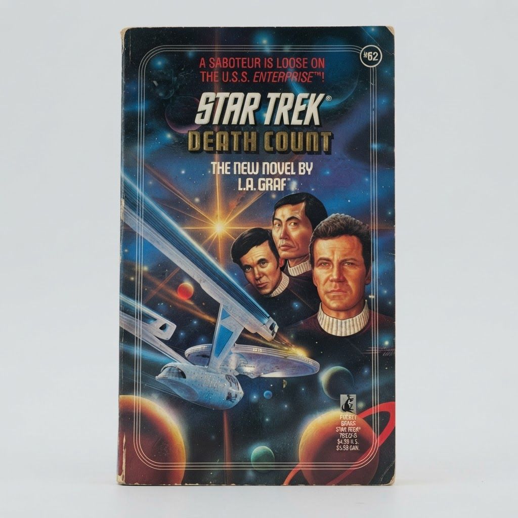 Front cover of the vintage Star Trek Death Count paperback novel featuring the USS Enterprise and crew in space