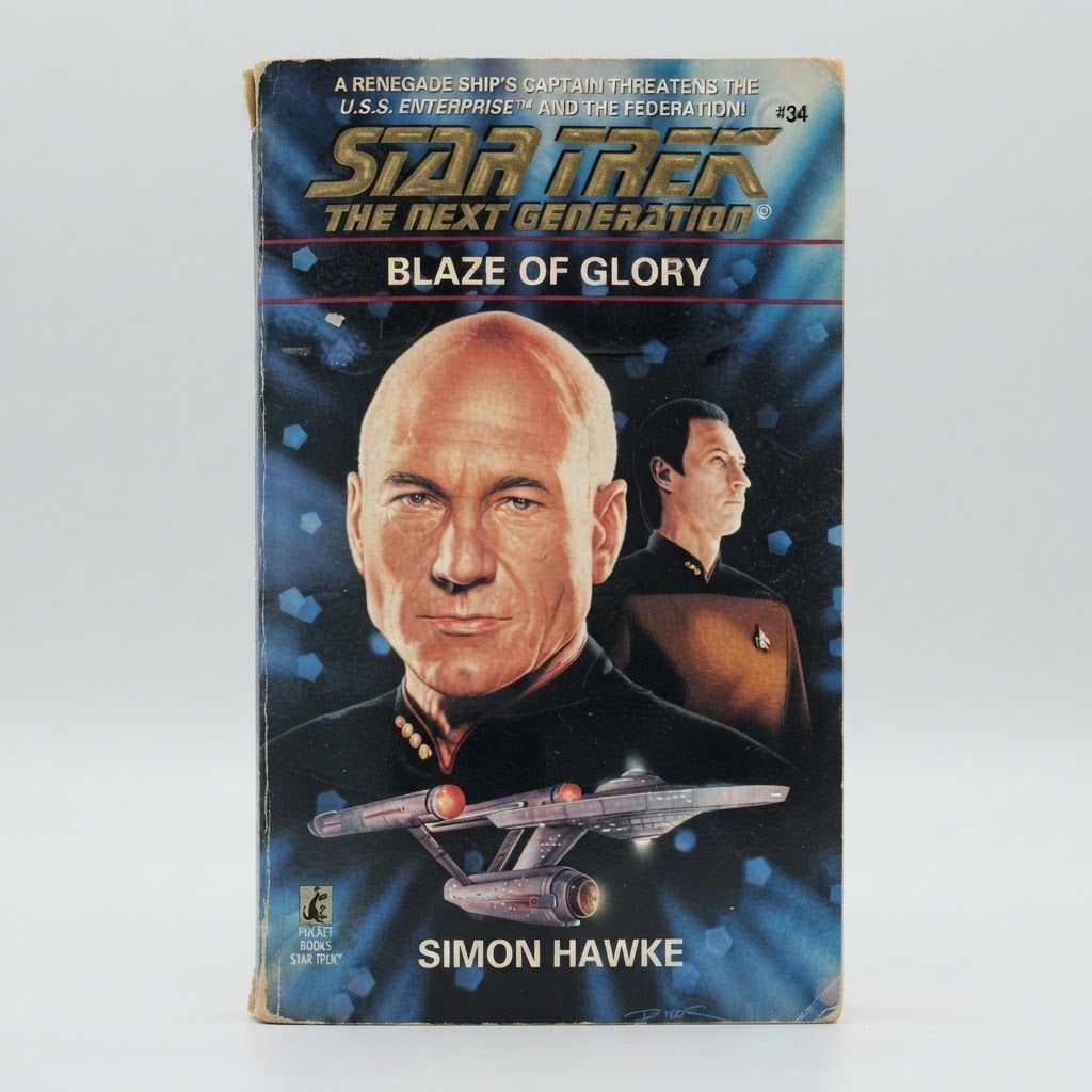 Front cover of the Star Trek: The Next Generation Blaze of Glory vintage paperback featuring Captain Picard and the ship