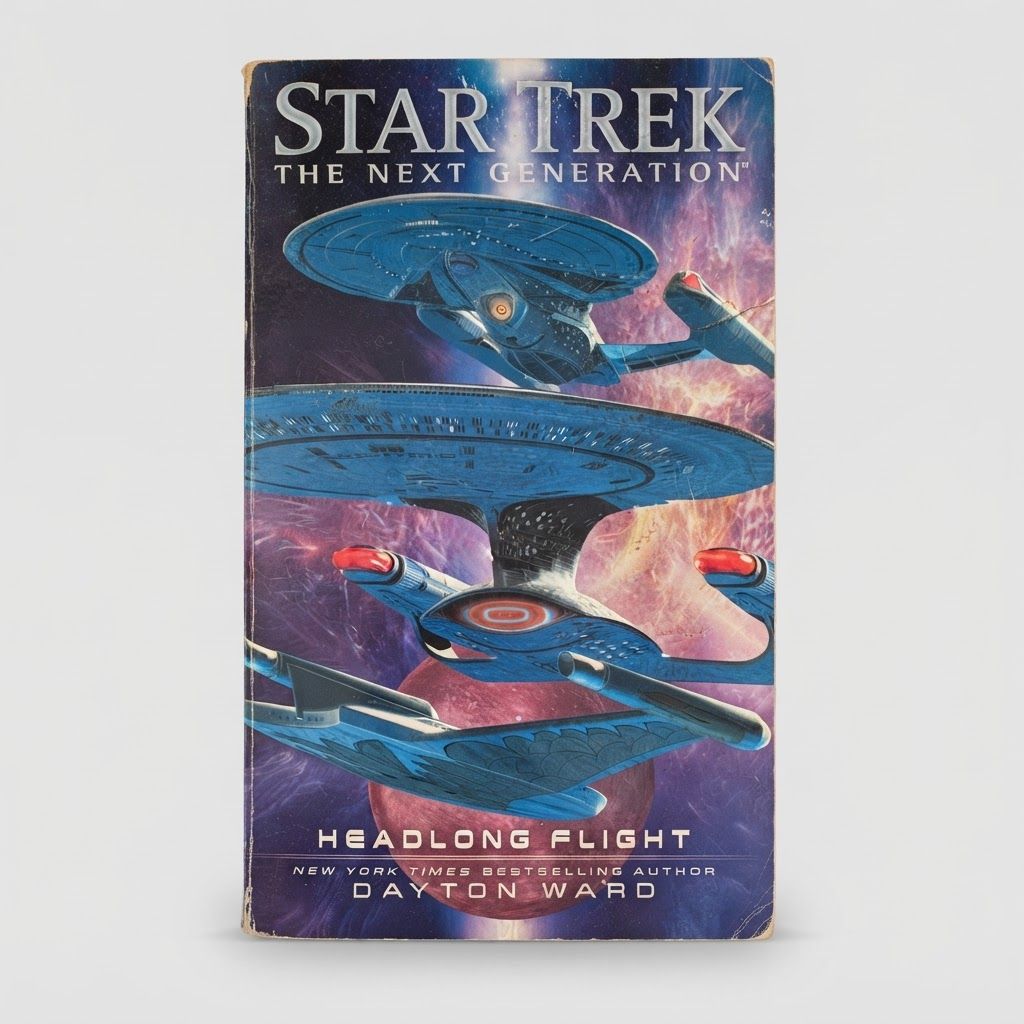 Front cover of the Star Trek: The Next Generation Headlong Flight vintage paperback featuring a starship in space