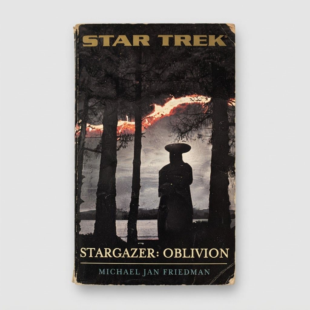 Front cover of the vintage Star Trek: Stargazer Oblivion paperback featuring a dark forest scene with minor edge wear
