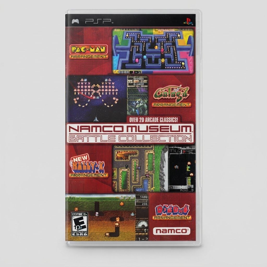 Front view of the Namco Museum Battle Collection PSP game case featuring various arcade game graphics on a red background