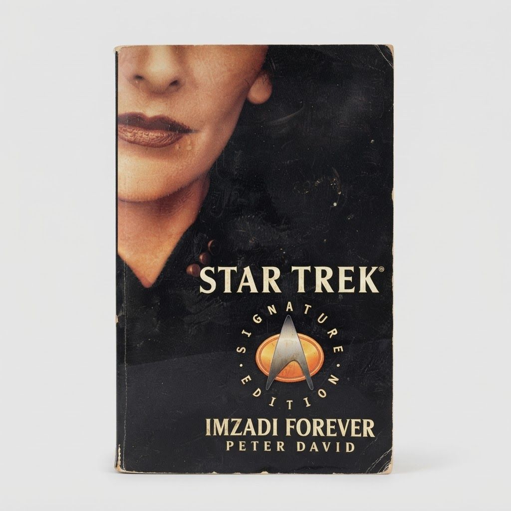 Front cover of Star Trek: The Next Generation "Imzadi Forever" vintage paperback with minor edge wear on black background