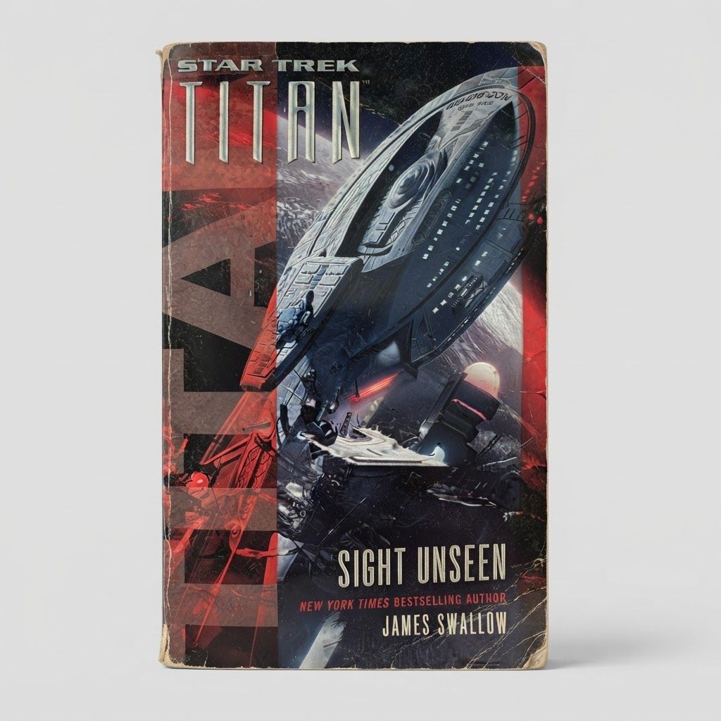Front cover of the vintage paperback Star Trek: Titan Sight Unseen by James Swallow featuring a starship illustration