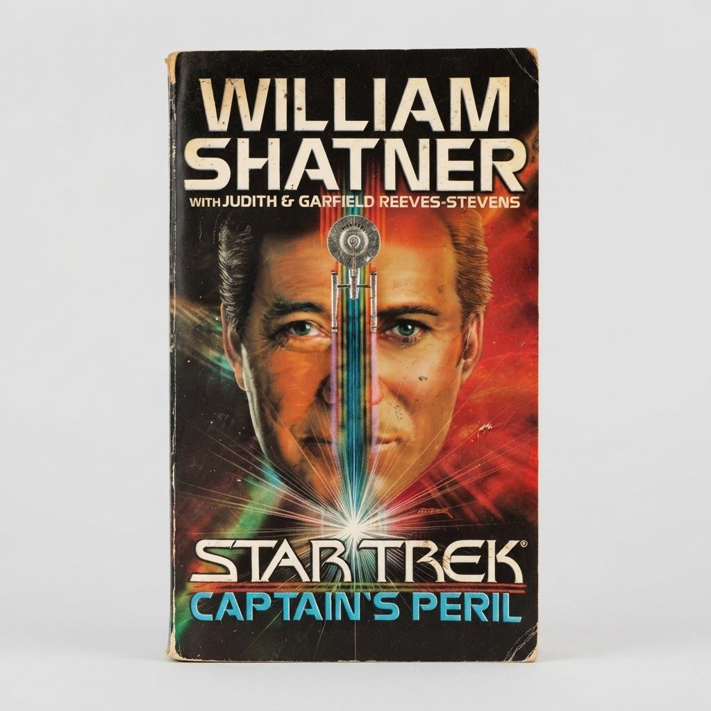 Front cover of the vintage paperback Star Trek: Captain's Peril by William Shatner with a space-themed artistic design