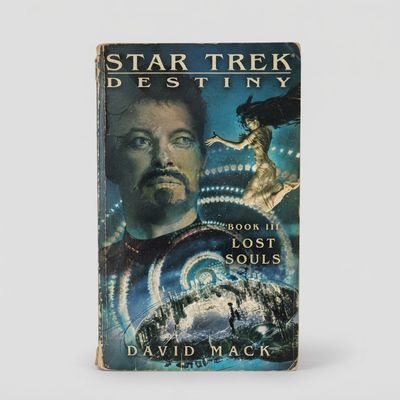 Front cover of the vintage Star Trek: Destiny "Lost Souls" Book III paperback with blue space art and edge wear