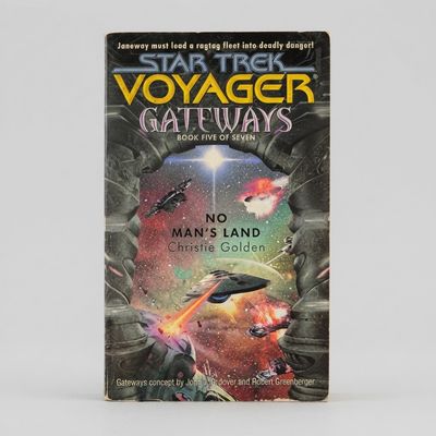 Front cover of the vintage Star Trek: Voyager No Man's Land Gateways book five paperback with colorful space art