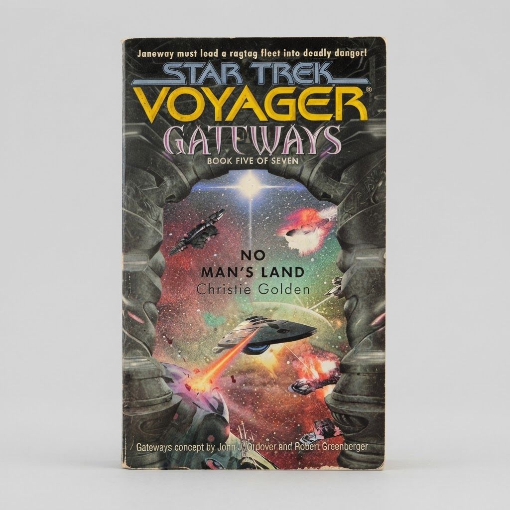 Front cover of the vintage Star Trek: Voyager No Man's Land Gateways book five paperback with colorful space art
