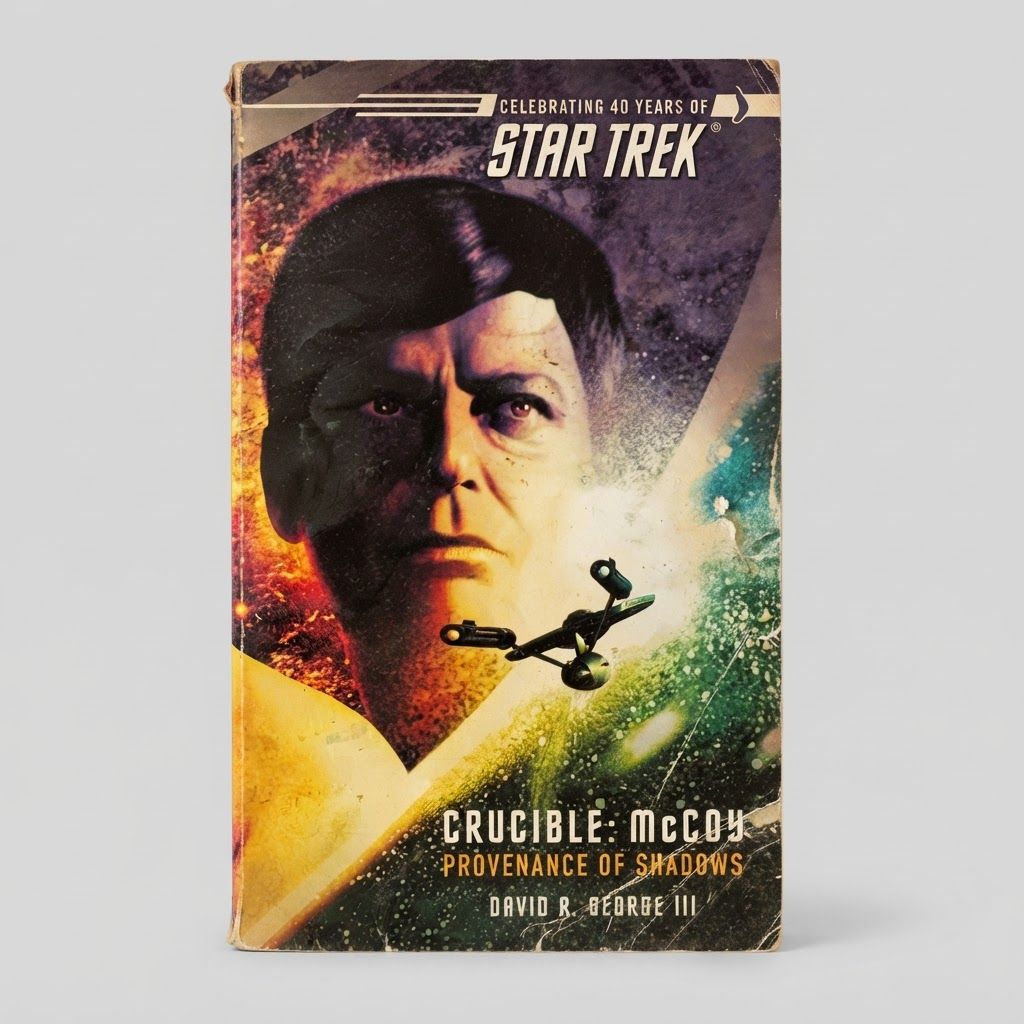 Front cover of Star Trek: Crucible "McCoy: Provenance of Shadows" vintage paperback with worn edges and space artwork