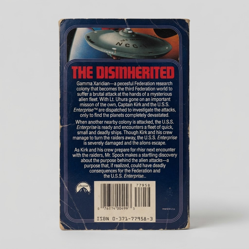 Back cover of the Star Trek: The Original Series The Disinherited vintage paperback with wear on the edges