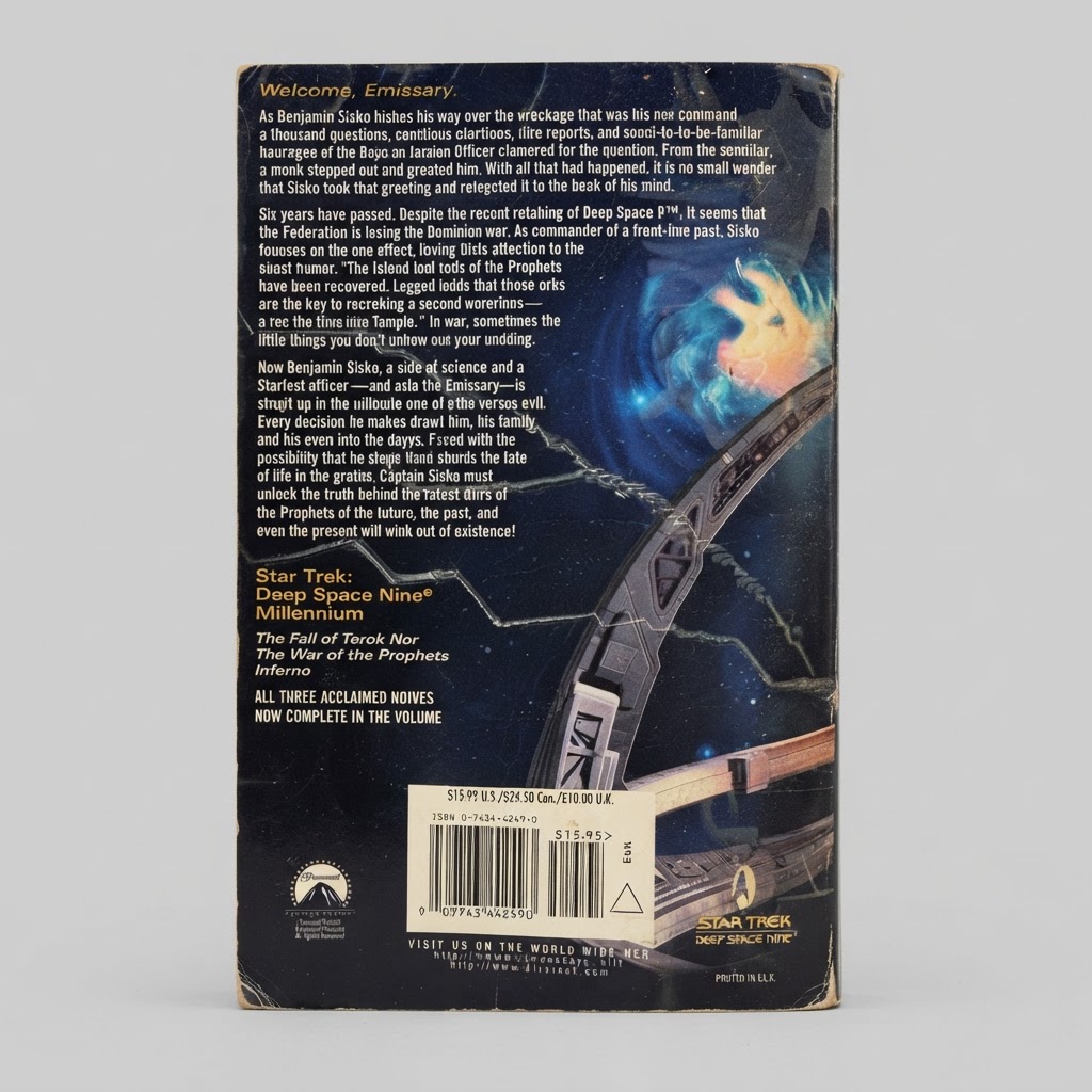 Back cover of the vintage Star Trek: Deep Space Nine Millennium paperback featuring a space station graphic