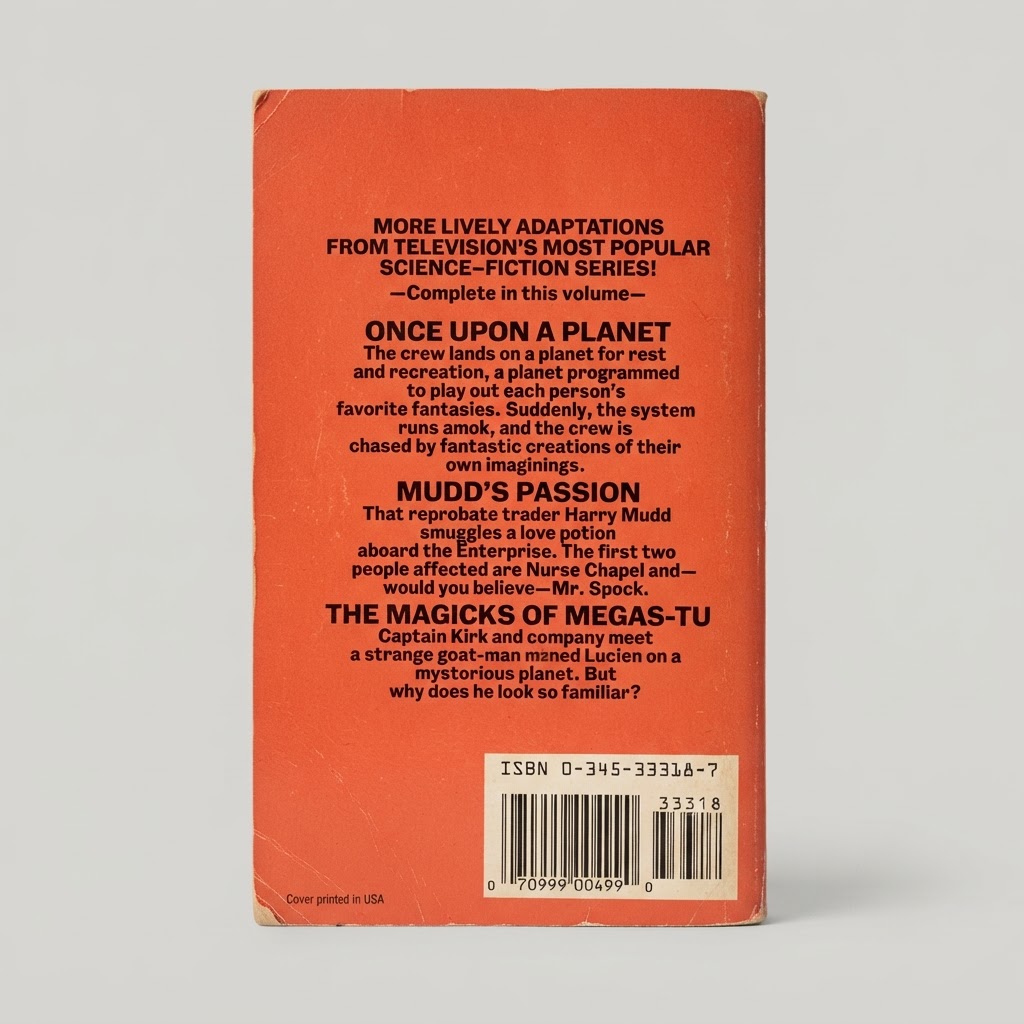 Back cover of the vintage Star Trek Log Three paperback with black text on a solid orange background