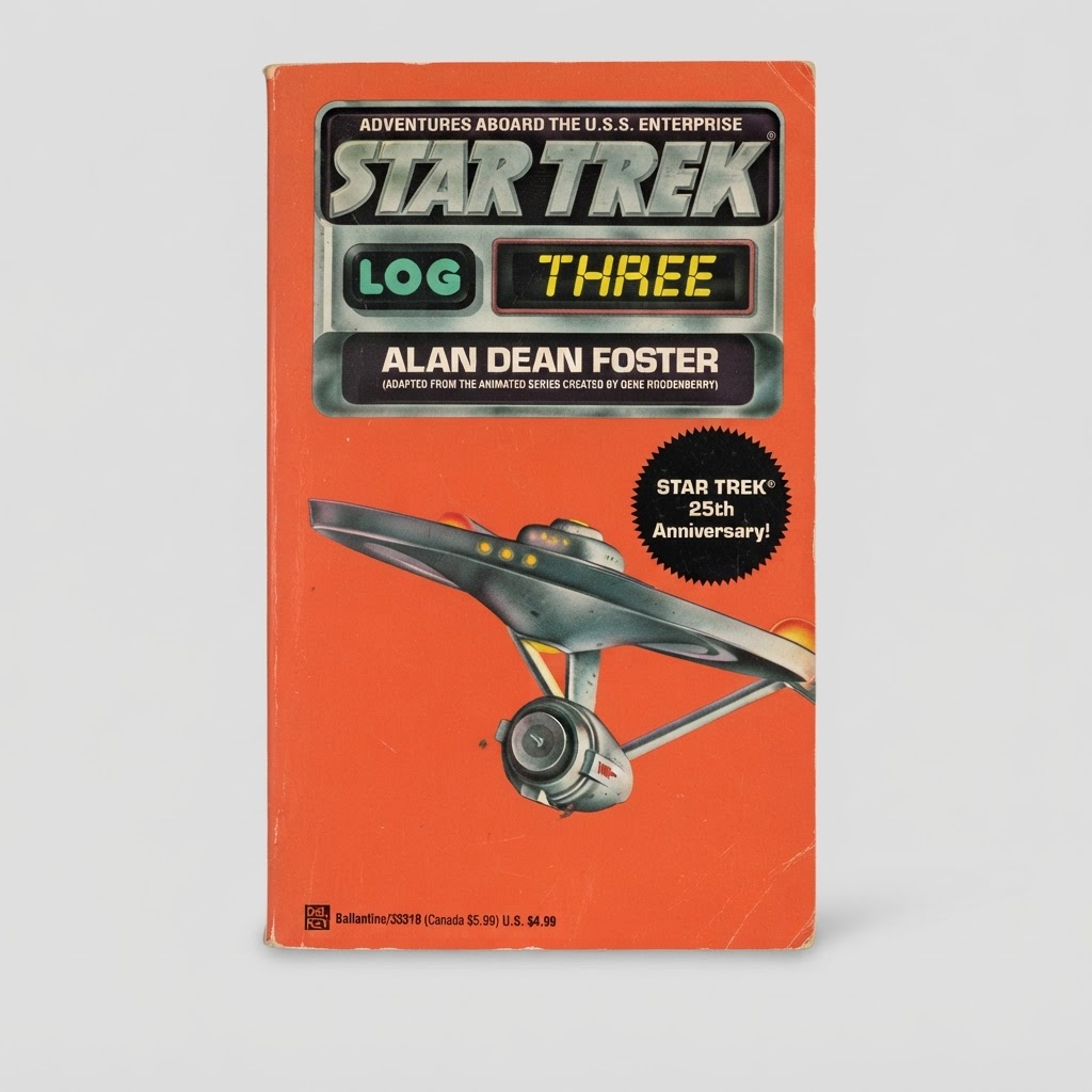 Front cover of the vintage Star Trek Log Three paperback featuring the U.S.S. Enterprise on an orange background