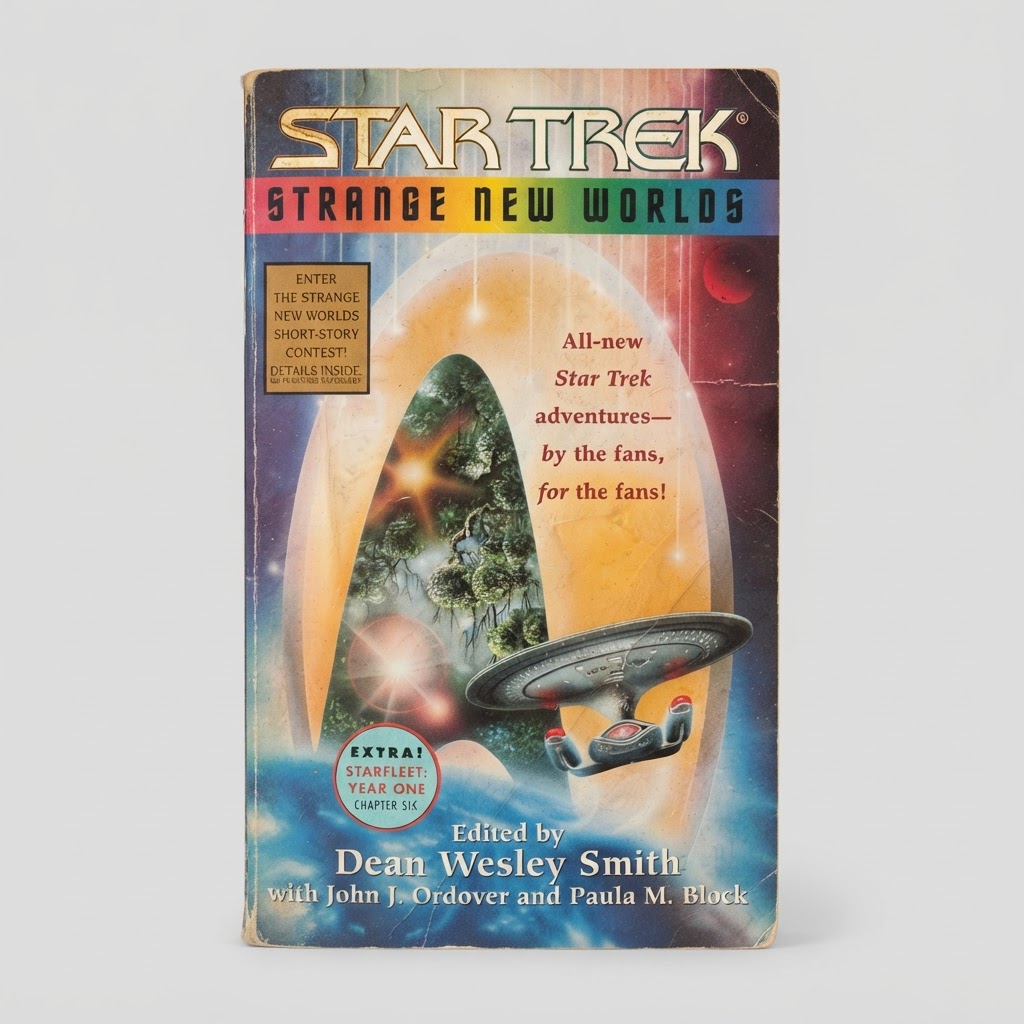 Front cover of the vintage Star Trek: Strange New Worlds paperback featuring the USS Enterprise and nebula artwork