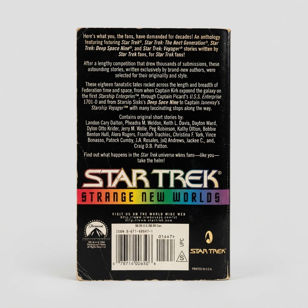 Back cover of the Star Trek: Strange New Worlds vintage paperback featuring black background and white text