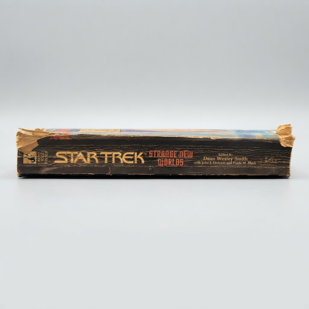 Black spine of a worn Star Trek Strange New Worlds vintage paperback with visible edge and corner wear