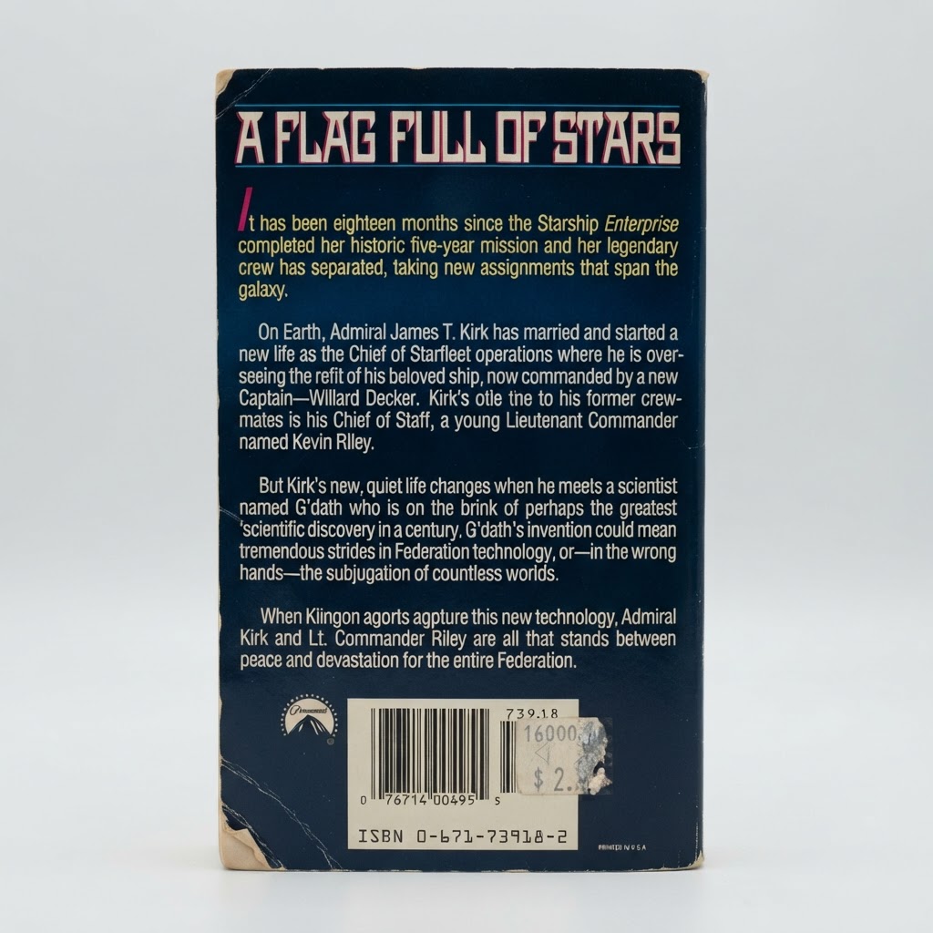 Back cover of Star Trek: The Original Series A Flag Full of Stars vintage paperback with visible wear and price sticker