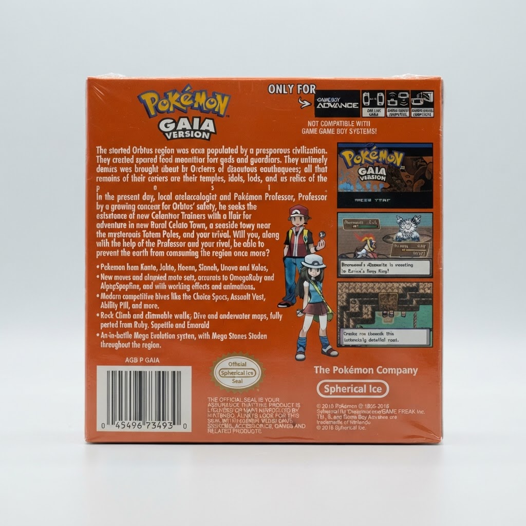 Back of a sealed Pokémon Gaia Version Game Boy Advance game box with orange background and character illustrations
