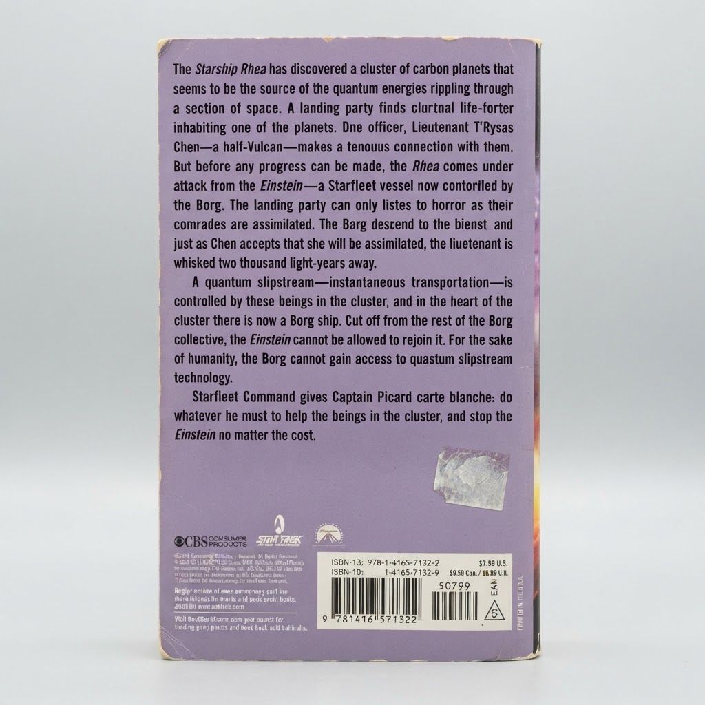 Back cover art of the Star Trek: The Next Generation Greater Than the Sum paperback with a purple synopsis background