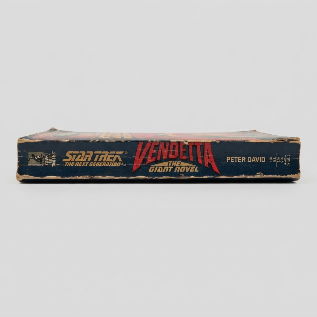 The spine of the vintage Star Trek: TNG Vendetta giant novel paperback shows wear with blue, red, and gold lettering
