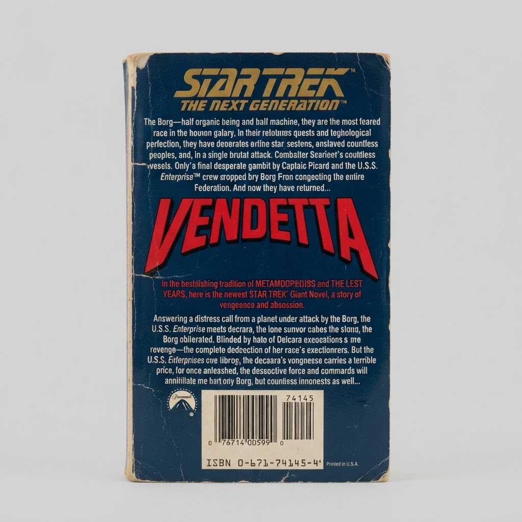 Back cover of the vintage Star Trek: TNG "Vendetta" giant paperback novel with visible edge wear on a blue background
