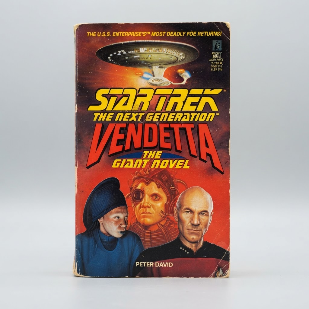 Front cover of the vintage Star Trek: TNG Vendetta giant novel paperback with character artwork on a red background