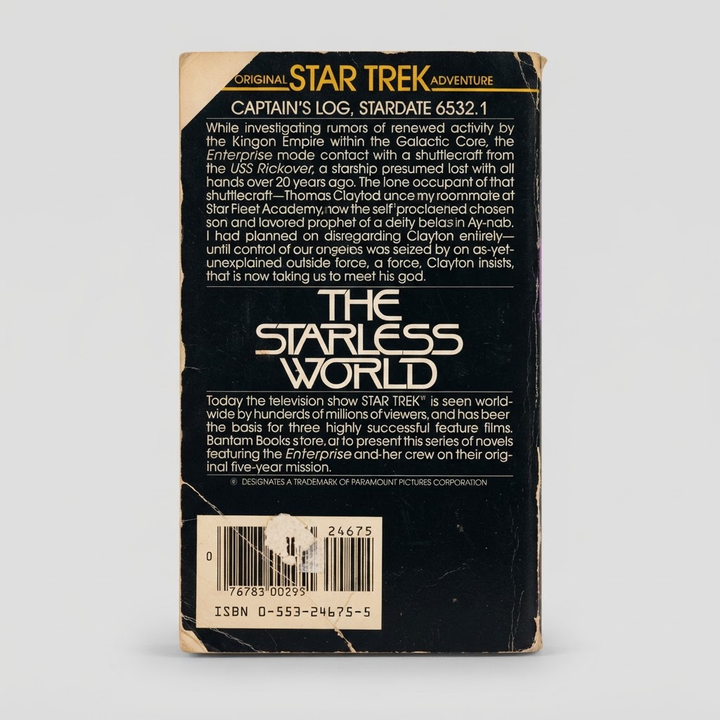 Back cover of the vintage paperback Star Trek The Starless World with worn edges and a barcode sticker mark