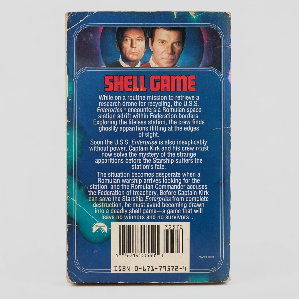 Back cover of the Star Trek: The Original Series Shell Game vintage paperback with blue background and worn edges