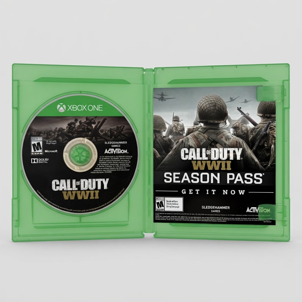 Open Call of Duty: WWII for Xbox One with the game disc and season pass insert inside the green case