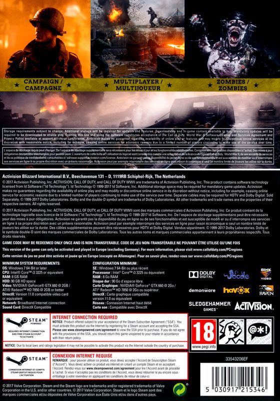 Back cover of Call of Duty: WWII for PC showing game modes, system requirements, and an 18 age rating icon