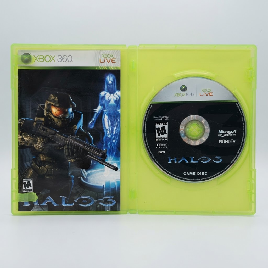 Open Xbox 360 Halo 3 game case featuring the front cover art and the game disc inside a lime green plastic shell