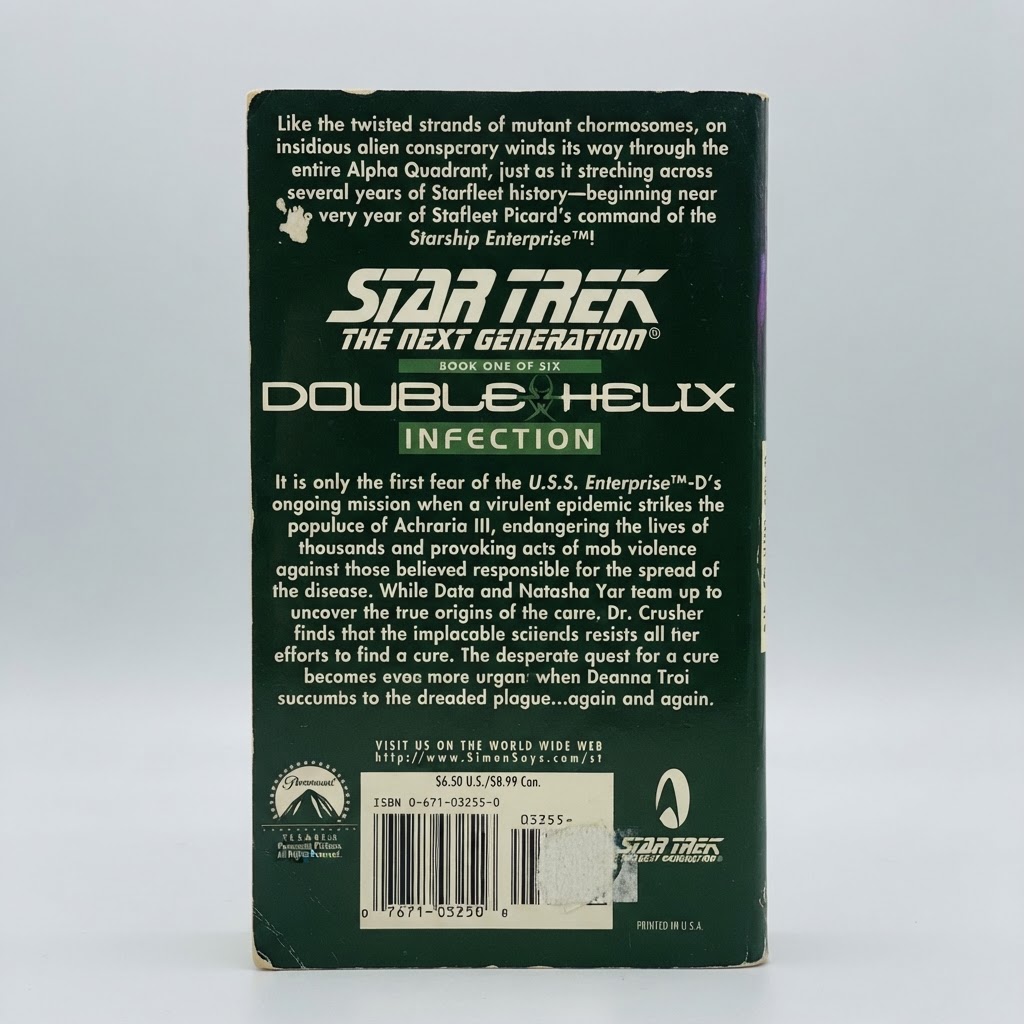 Back cover of the vintage Star Trek: TNG Double Helix: Infection paperback featuring dark green text and a barcode