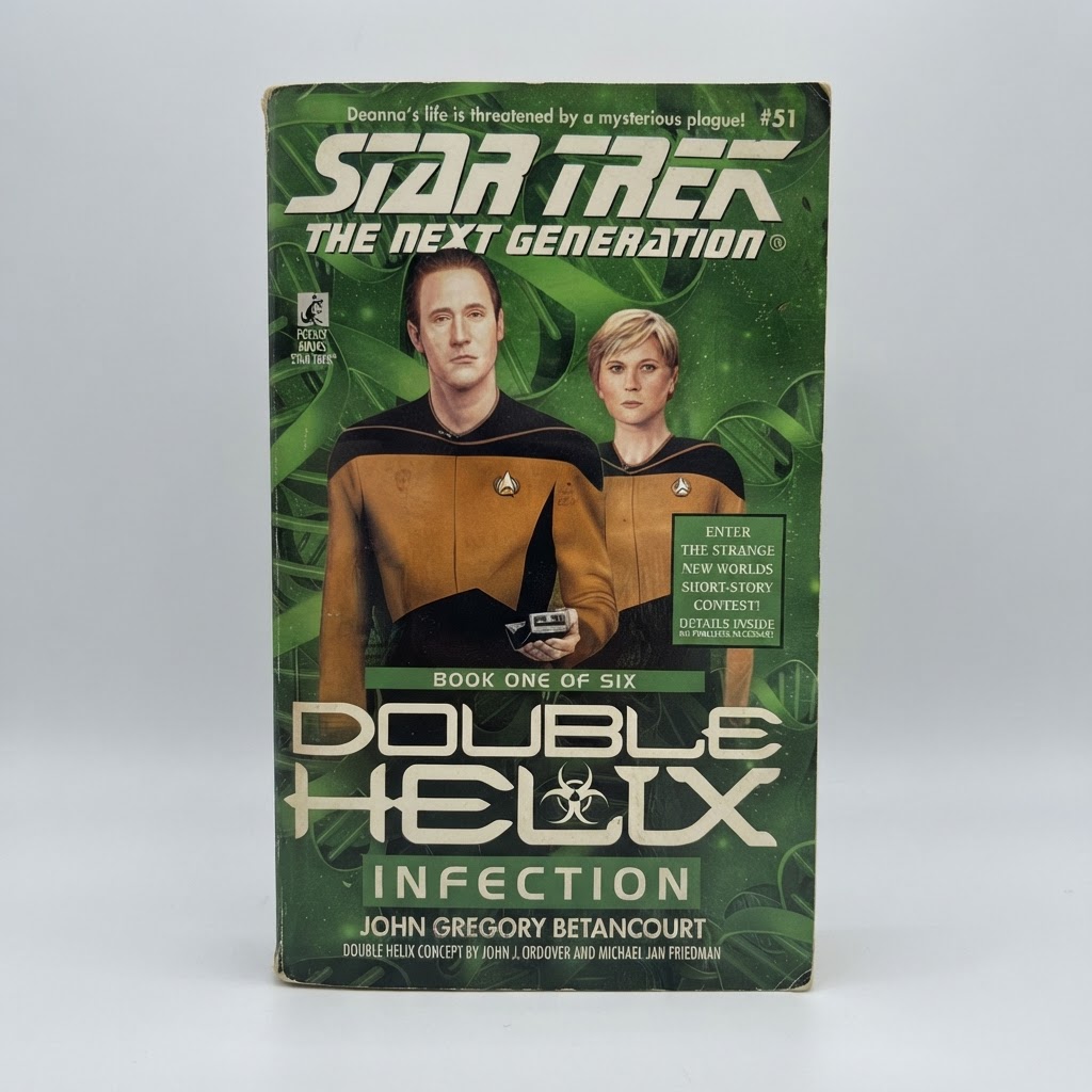 Front cover of Star Trek: TNG Double Helix: Infection vintage paperback featuring Data and Troi on a green background