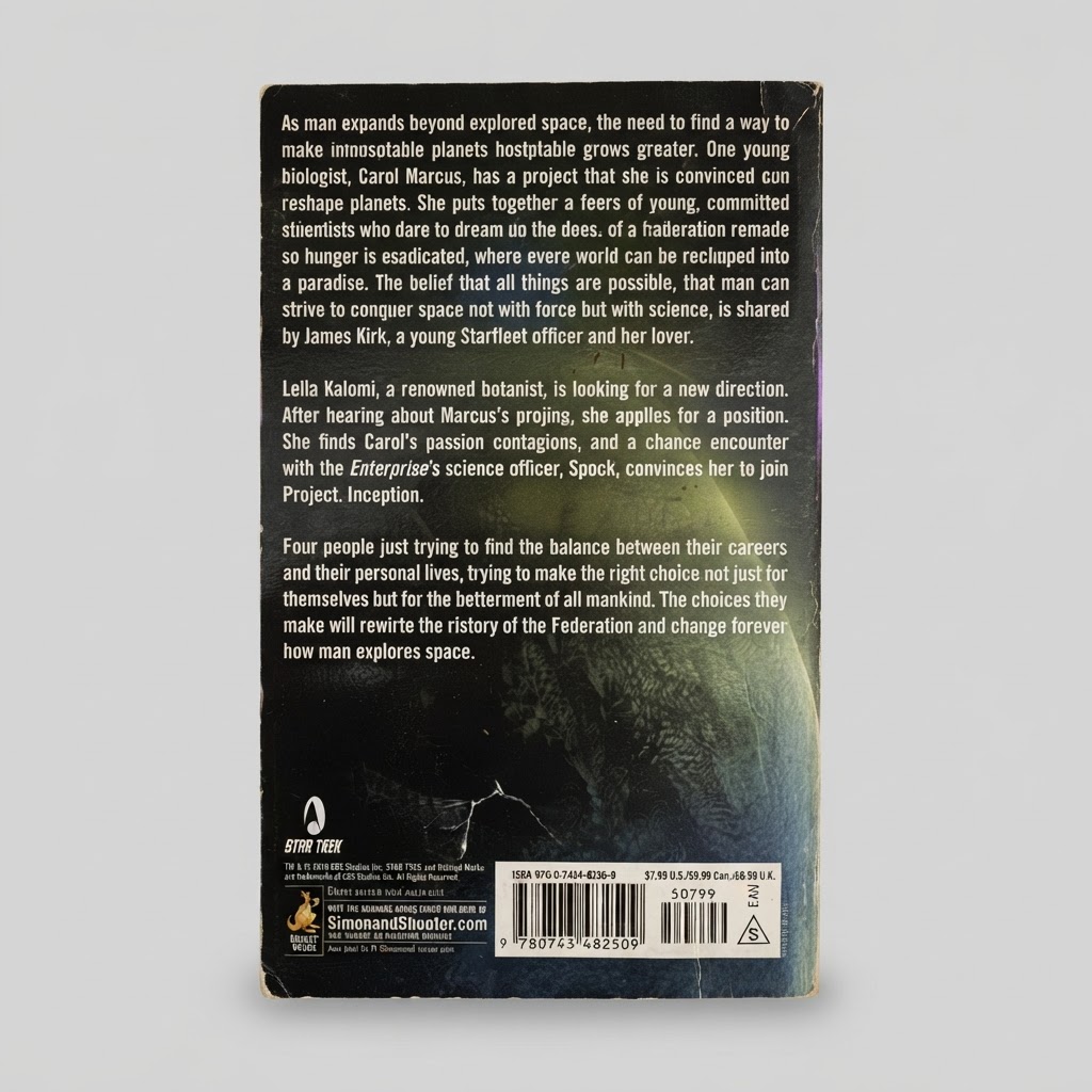 Back cover of the vintage Star Trek Inception paperback featuring a plot summary and a barcode on a dark background