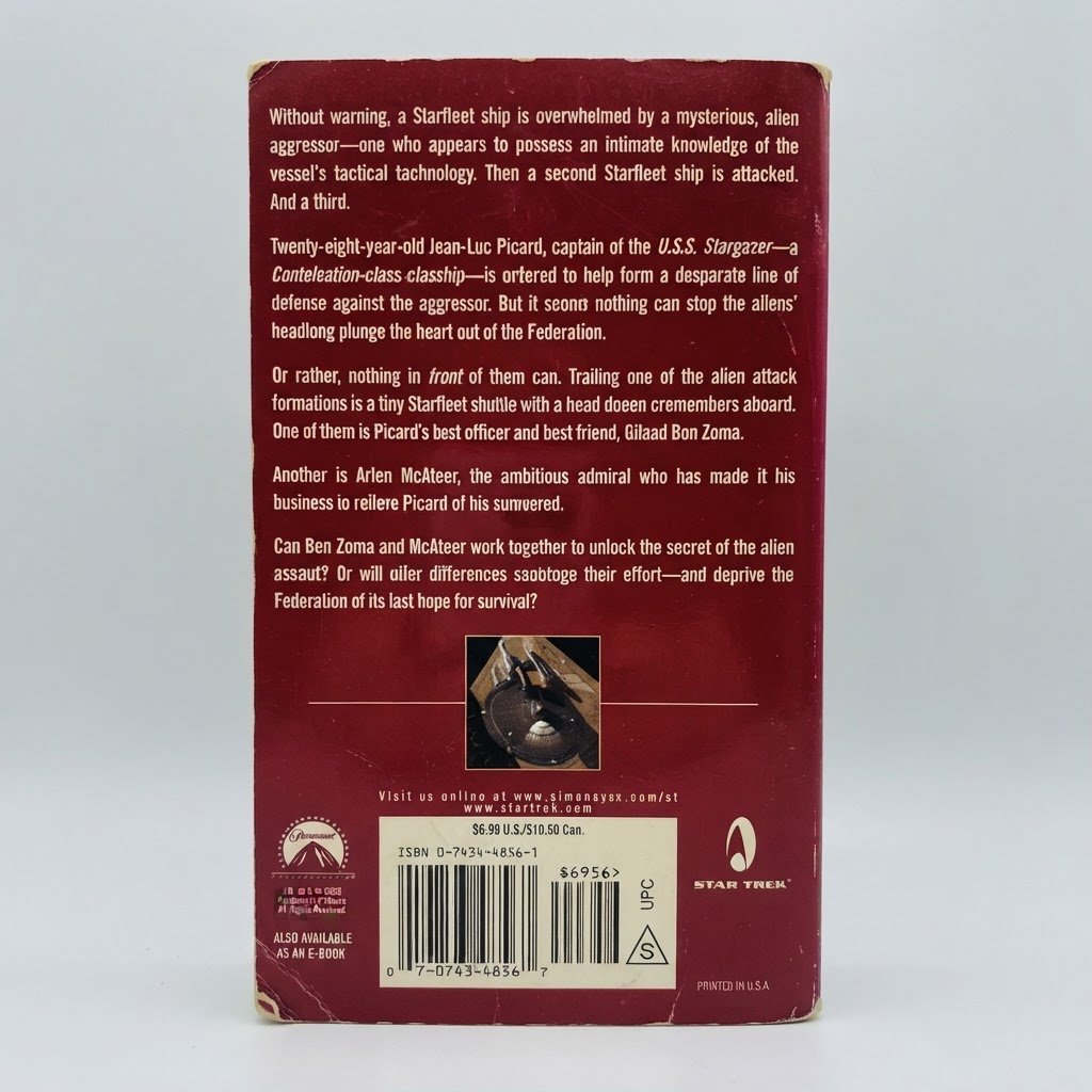 Back cover of the Star Trek: Stargazer Enigma vintage paperback featuring a red background and summary text