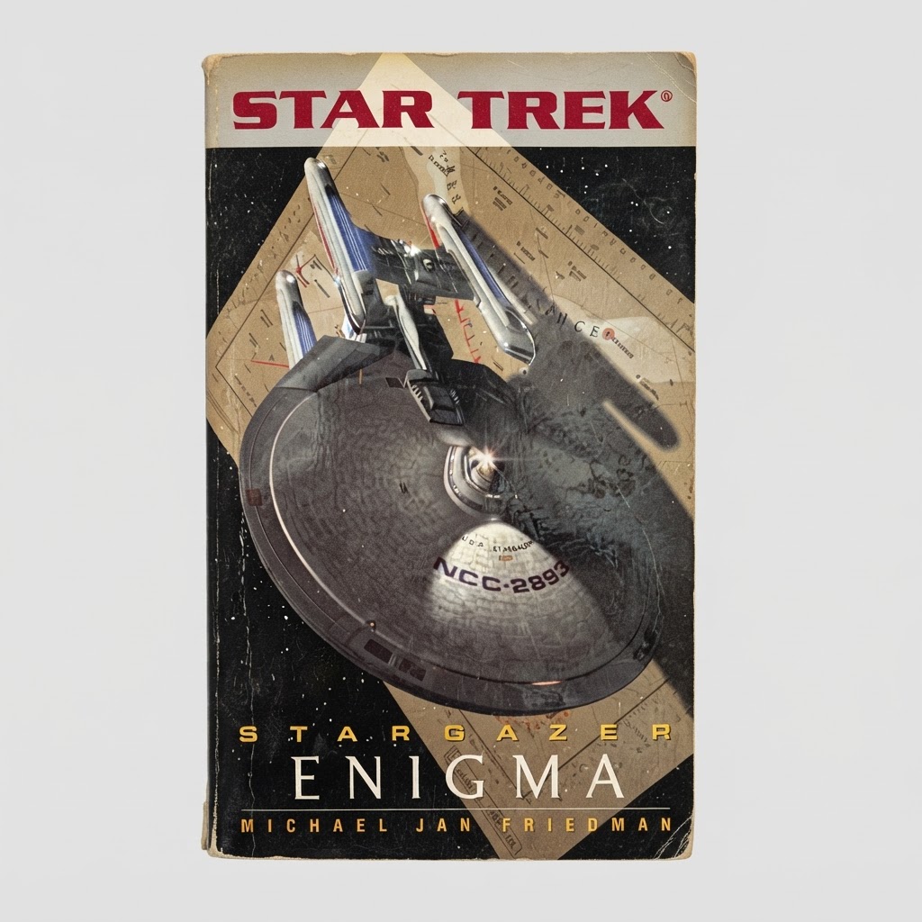 Front cover of the vintage Star Trek: Stargazer Enigma paperback book featuring the NCC-2893 starship against space art