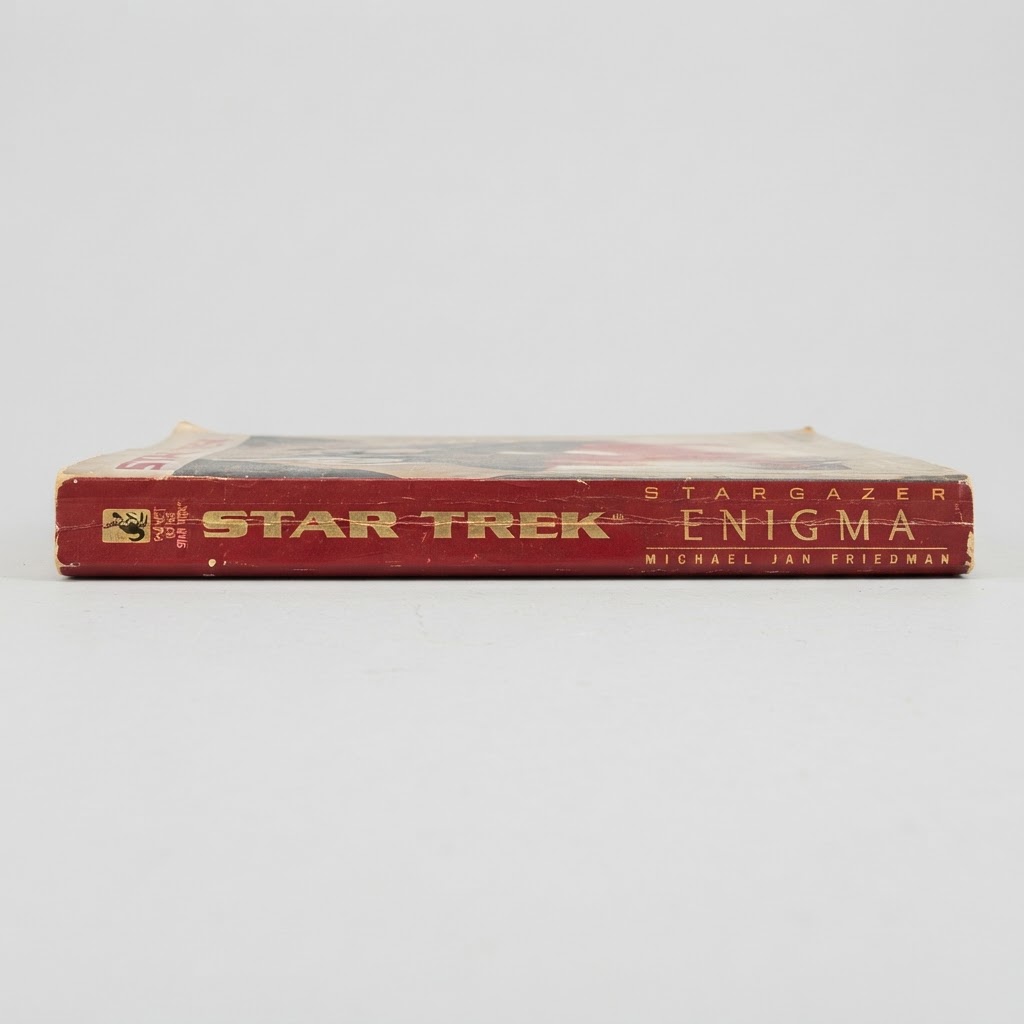 Spine view of the vintage Star Trek: Stargazer Enigma paperback featuring gold text on a worn red background