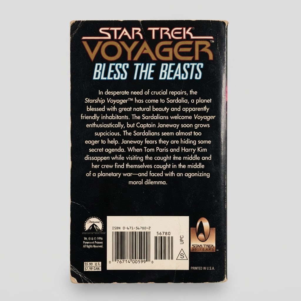 The back cover of a vintage Star Trek: Voyager Bless the Beasts paperback shows a synopsis on a black background