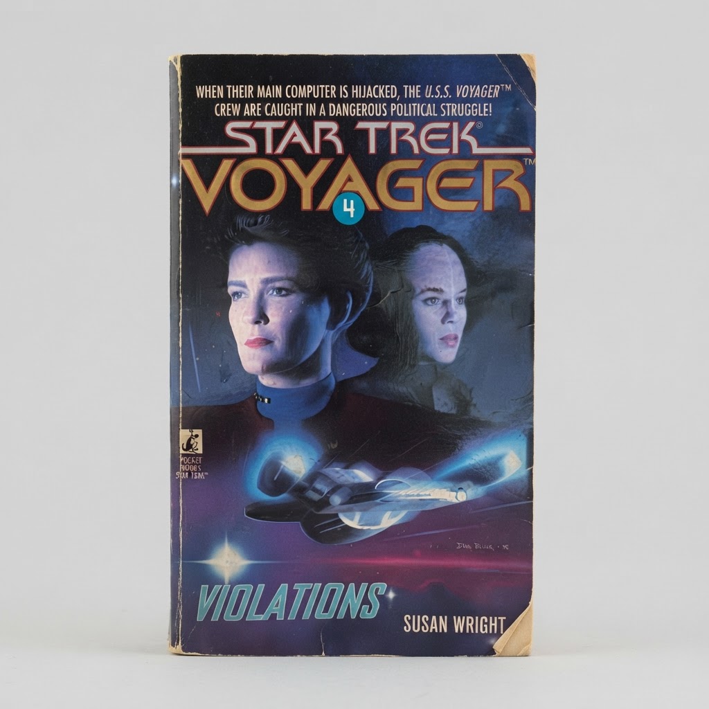 Front view of the vintage Star Trek: Voyager Violations paperback with character art and light corner wear