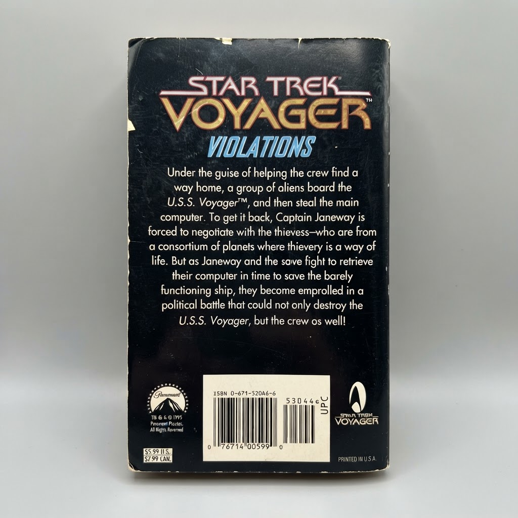Back cover of the Star Trek: Voyager Violations vintage paperback with black background and white summary text
