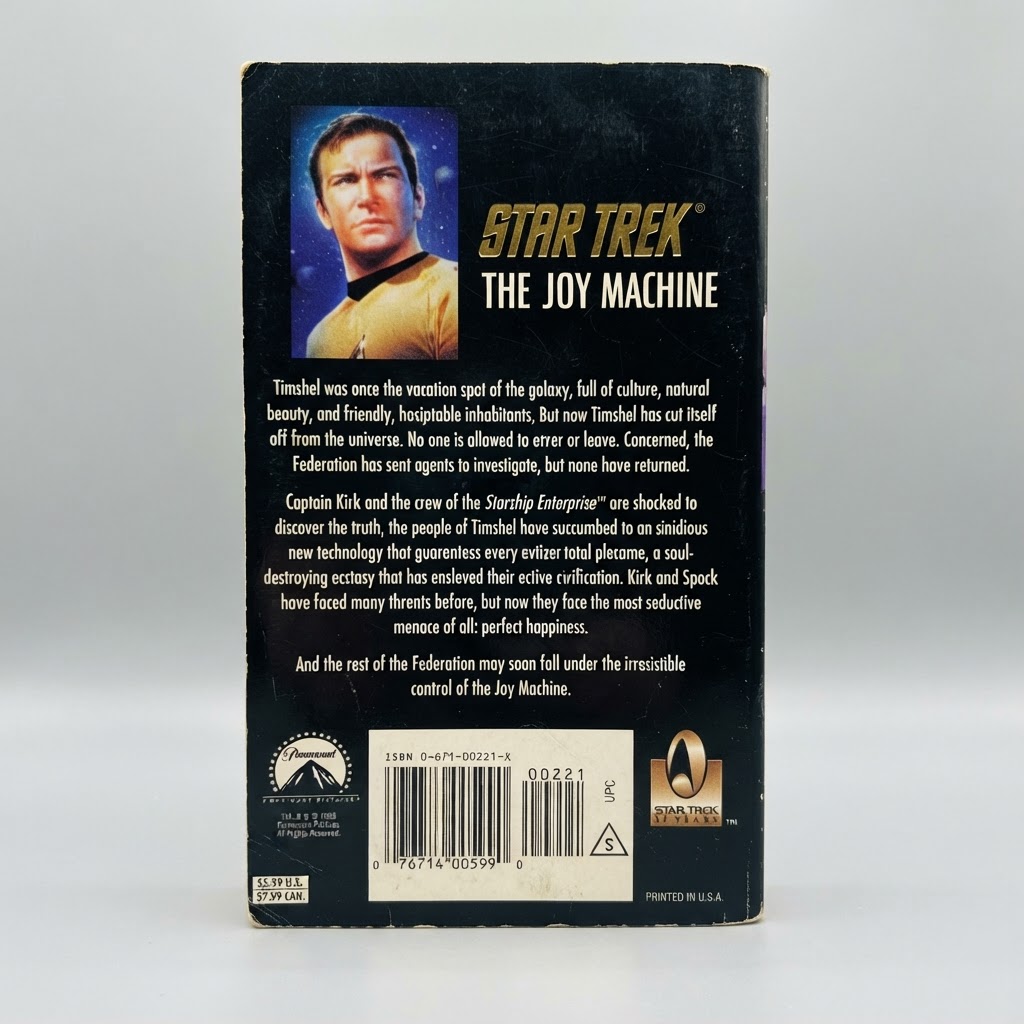 Back cover of the Star Trek: The Original Series The Joy Machine vintage paperback featuring Captain Kirk and a synopsis